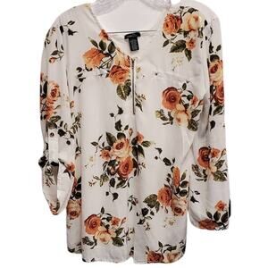 Rue 21 Long Sleeve White Blouse With Floral Pattern Gold Accents Size Large